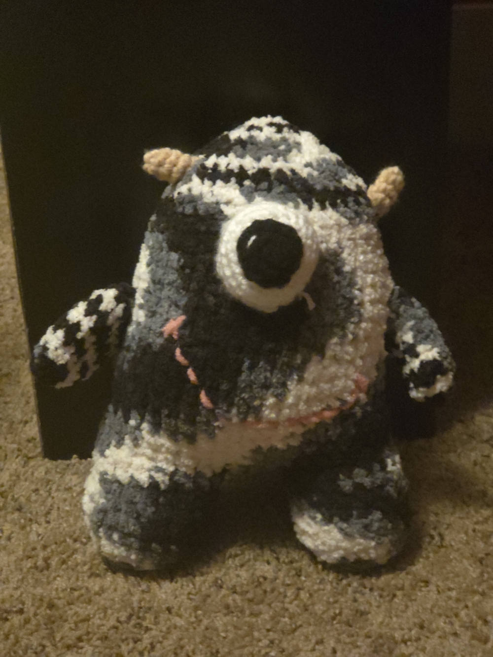 Handmade Plush One-Eyed Monster Stuffed Animal - Black, White & Gray